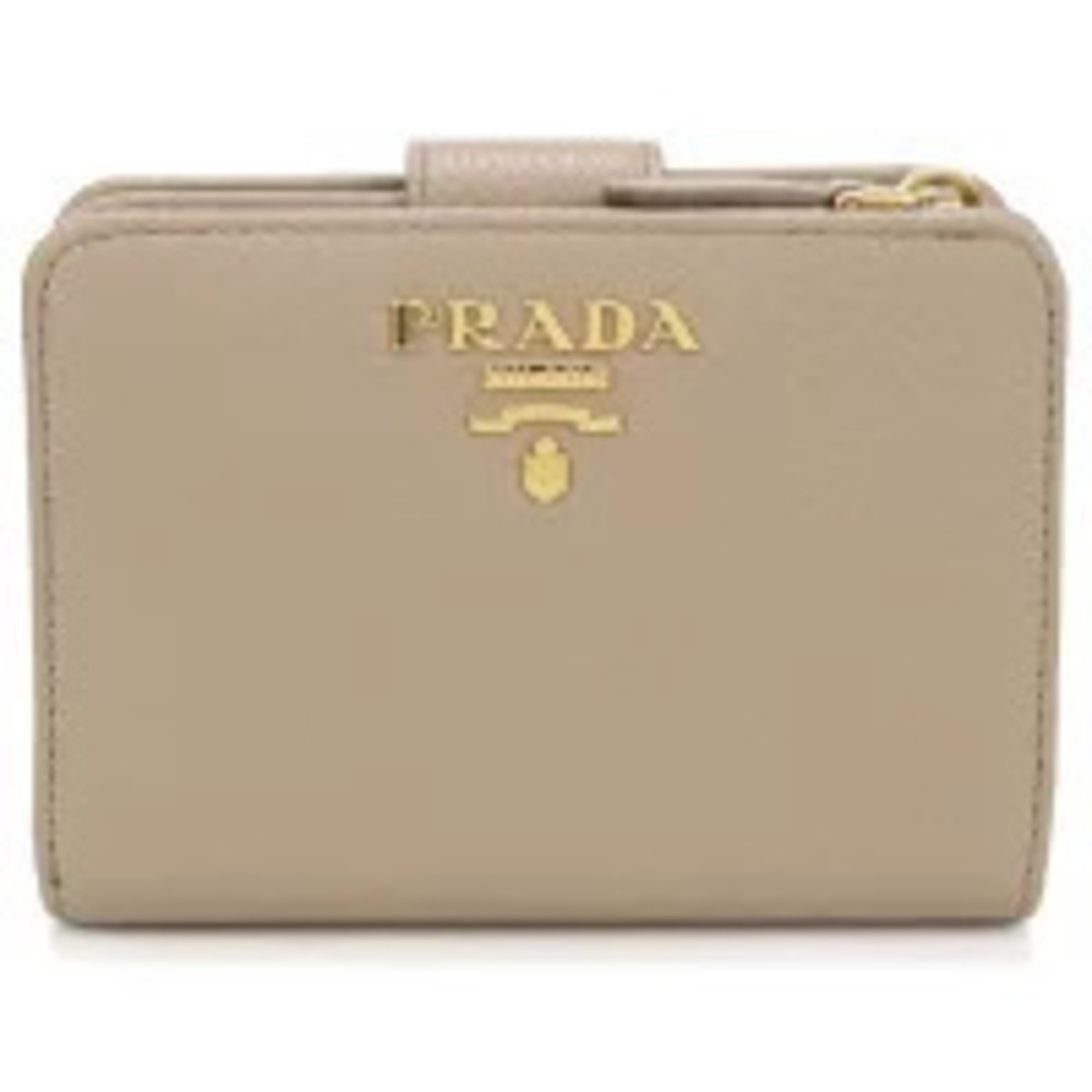 Prada Bi fold Wallet Compact Vitello Grain Leather Beige Cream